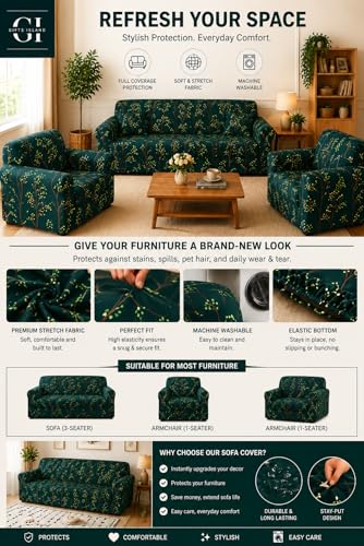 Image of Gifts Island Sofa Cover 3 Seater and 2 Seater Fully Covered Universal 5 Seater Sofa Cover Non-Slip Sticky Elastic Stretchable Sofa Set Slipcover Protector for (3+1+1 Seater) (Green Stem)