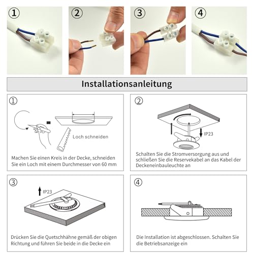 HiBay 6er Set Einbaustrahler LED 5W Flach LED Spots 230V 60mm-68mm Rund Nickel Deckenspots Warmweiß 500LM, Nicht Dimmbar