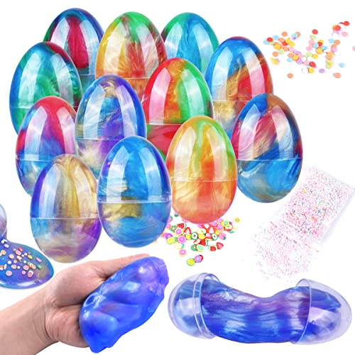 FUNNISM 12 Pack Fluffy Galaxy Slime Easter Eggs with Accessories, Stress Relief Sludge Toys for Kids Boys Girls, Easter Basket Stuffer Gifts, Easter Family Games, Prefilled Easter Party Favor Supplies