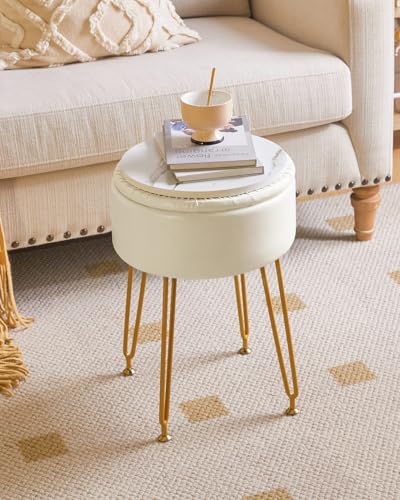 IBUYKE Faux Leather Round Footrest Stool with Storage Ottoman, Makeup Vanity Chair Side Table, PU Dressing Table Seat, Removable Cover, Golden Steel Legs, White WBD024W - Cosy Home Interiors IBUYKE Faux Leather Round Footrest Stool with Storage Ottoman, Makeup Vanity Chair Side Table, PU Dressing Table Seat, Removable Cover, Golden Steel Legs, White WBD024W - Image 9