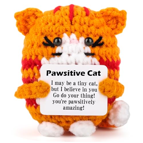 Positive Crochet Cat Gift, Funny Inspirational Christmas Birthday Gifts for Women Men Teen Grandkids Friend Coworker Appreciation, White Elephant Small Xmas Stocking Stuffers Emotional Cute Decor