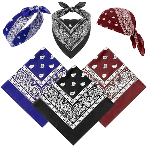 YAWYO Pack de 3 Bandanas Unisex, Pañuelos Cabeza con Estampado de Paisley, Absorbente y Multiusos para Mujer y Hombre, Accesorios de Vaquero (Azul Real, Negro, Burdeos)