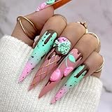 Pikabows Press On Nails Long Stiletto Melt Ice Cream Cherry Green Pink Fake Nails Acrylic False Nail Tips Kit Glue on Nails for Women