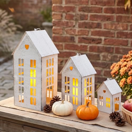 TRIROCKS 3 Pcs Decorative Mantel Shelf Tea Light Lanterns 13.5"&9.5"&5.5" H Village Farmhouse House Candle Holders for Home Decor Patio Wedding Parties Ornaments Indoors Outdoors(Cream White)