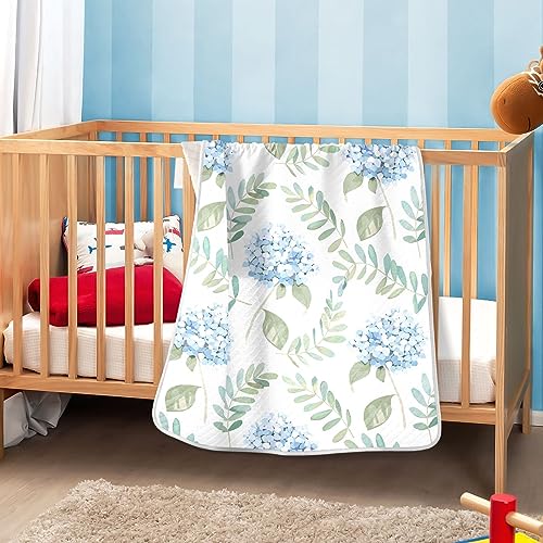 Image of Swaddle Blanket for Blue Floral Hydrangeas with Leaves Baby Receiving Blanket Muslin Baby Swaddles Soft Cotton Breathable Nursery Blankets for Unisex Boys and Girls 30x40 Inch