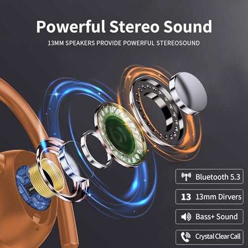 Image of Wireless Earbuds, Headphones Sport Bluetooth 5.4, Over Ear Buds with ENC Noise Canceling Mic, Deep Bass Stereo Earphones with Hook, 50H Playback, LED Display Ear Buds for Workout Running, Deep Orange