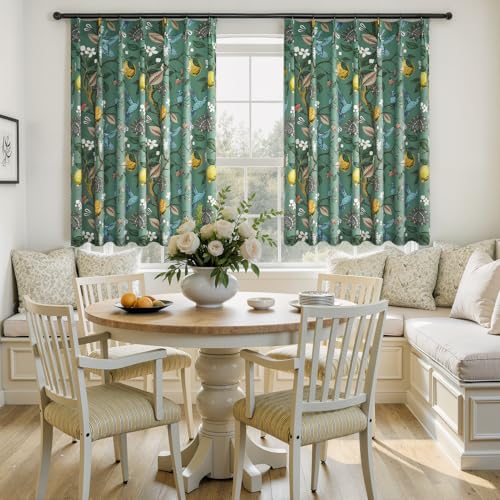 Image of Sage Green Kitchen Tier Curtains 36 Inches Long,Botanical Floral Lemon & Hummingbird Pinch Pleated Half Window Drapes Room Darkening for Kitchen RV Cafe Basement Bathroom Dining Room,2 Panels