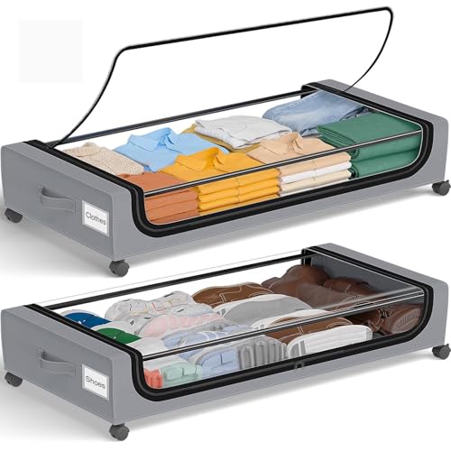 Image of GoMaihe Under Bed Storage with Wheels: 70L Underbed Storage Containers with Lids - Rolling Bins for Shoes Clothes in Dorm Bedroom - Metal Drawers Easy Pull-out Grey 2-Pack
