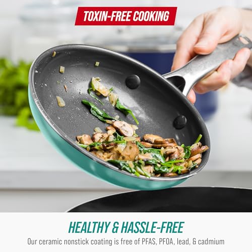 Image of Blue Diamond 8 inch Nonstick Frying Pan Skillet, Diamond Infused Ceramic PFAS-Free, Dishwasher & Oven Safe, Stay Cool Handle, Durable Non Toxic Metal Utensil Safe, Egg & Omelet Pan, Turquoise