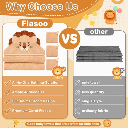 Image of 4 Pcs Baby Towels and Washcloths Set, Soft Baby Bath Towels Set(Brown Lion) | 1PC Animal Hooded Baby Bath Towels, 3PCS Baby Washcloths, Ultra Absorbent Baby Towels, Baby Bath Essentials for Boy & Girl