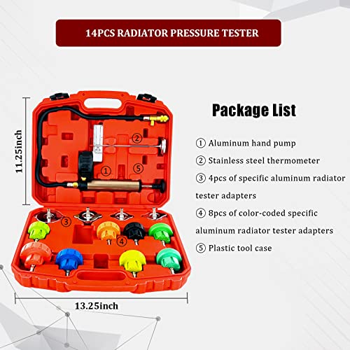 HZAUTOS 14PCS Pressure Leak Tester Tool Kit, Radiator Pump Pressure Tester Kit for Automotive Cooling System Water Tank Leakage Detection