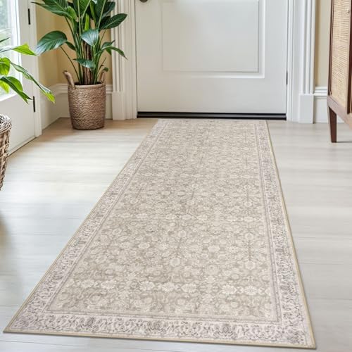 2x5 Washable Rug Cream Beige White Grey Small Area Rug for Entryway, Soft Non-Slip Indoor Door Mat Distressed Floral Low-Pile Kitchen Rugs, Neutral Vintage Carpet for Entrance Kitchen Bedside
