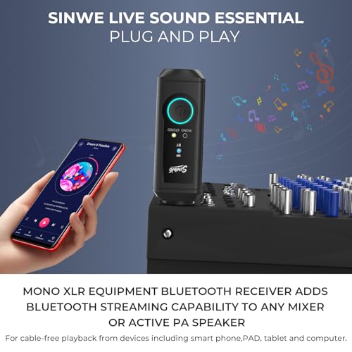 SINWE P16 Wireless Bluetooth 5.3 XLR Receiver - 24bit/48kHz 160ft Range & 15H Battery,Bluetooth Adapter for Speakers, Audio Mixer, PA Systems, DJ Systems (USB-C Rechargeable)