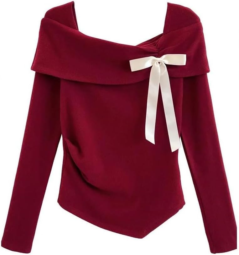 Women's French Red Knitted Top Fall Solid Color with Bow Knot Elegant Slim Fit Long Sleeve Sweater