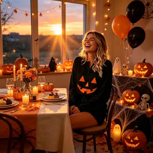 Image of Roshop Halloween Pajama Women's Pumpkin Matching Top & Shorts Loungewear Set