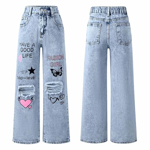 FEESHOW Kids Girls Wide Leg Ripped Jeans Y2k Graffiti Graphic Baggy Pants Casual Fashion Denim Trousers Streetwear4