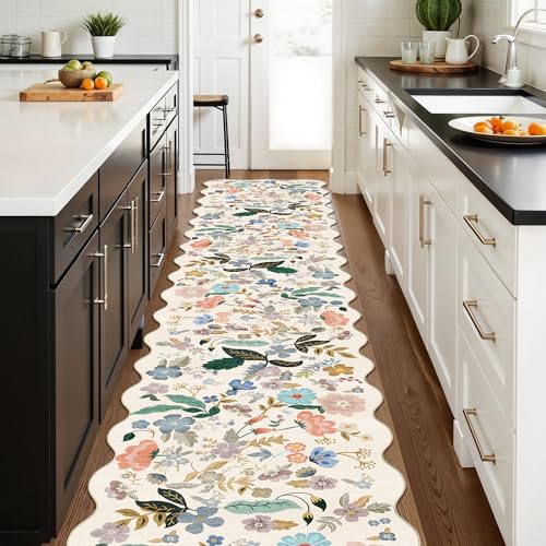 Hallway Floral 2'6x14 Runner Rugs: Washable Scalloped Soft Carpet with Non-Slip Backing for Entryway Kitchen Stain-Resistant Bedroom Floor Mat – Gifts for Newlyweds/Household Home Dcor (2'6x14,Cream)