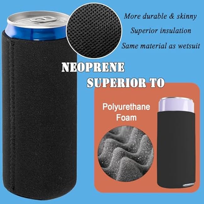 12pack Slim Can Cooler Sleeves, Insulated 12 oz Skinny Tall Beer Coke Cola Soda Drink Bottle Can Coolers, Nonslip Neoprene Collapsible Sublimation Blank Cold Cans Cooler Holder Sleeve (Black)