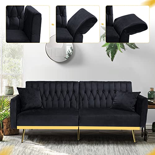 Acmease 70” Velvet Futon Sofa Bed With 2 Pillows And Adjustable Armrests, Convertible Sleeper Bed, Modern Loveseat For Living Room, Bedroom, Black #TOP1