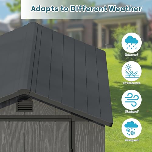 Image of Greesum 4x6FT Plastic Outdoor Storage Shed with Floor, Dark Gray | All-Weather Resin Sheds with Lockable Door, Tool Shed with Window & Multiple Vents, Easy Assembly for Yard, Patio, Garden