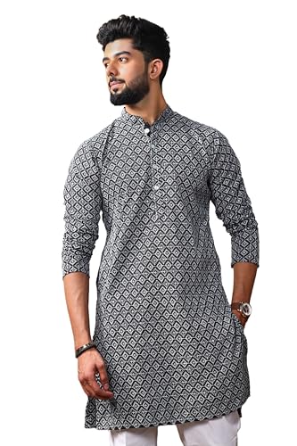 Image of ALMORA Men's Embroidered with Thread Work and Cotton Blend Only Slim Fit Kurta for Men