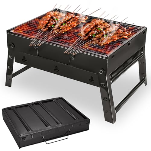 Barbacoa de carbón vegetal: 35 x 27 x 20 cm Camping barbacoa plegable pequeña barbacoa portátil de acero inoxidable Camping barbacoa portátil para picnic/terraza/camping/viajes al aire libre jardín