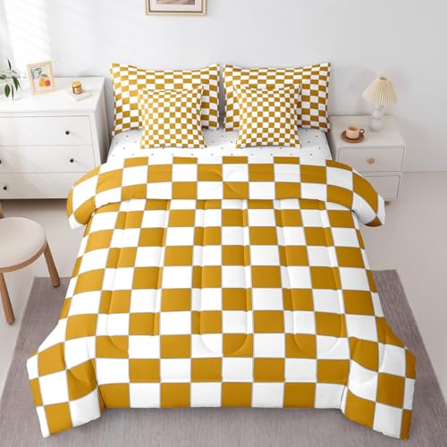 Image of Erosebridal White Yellow Checkered Twin Bedding Set 7 Piece Buffalo Plaid Grid Comforter Set with Sheets for Kids Teen Adults Checkerboard Bed in A Bag Aesthetics Geometric Gingham Bed Set
