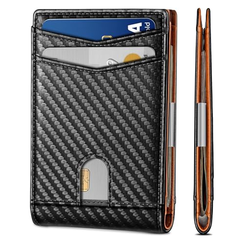 Slim Money Clip Wallet for Men, RFID Blocking Leather Bifold Front Pocket Wallet, Minimalist Black Wallet Gift, Orange, Minimalist
