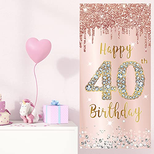 Image of 40th Birthday Door Banner Decorations for Women, Pink Rose Gold Happy 40th Birthday Door Cover Party Supplies, Large Forty Year Old Birthday Poster Backdrop Sign Decor
