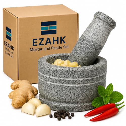 Image of EZAHK Mortar and Pestle Set for Spices, Okhli Masher, Khalbatta, Kharal, Mixer, Natural & Traditional Grinder and Musal, 4 inch Width and 3 inch Height(Grey)