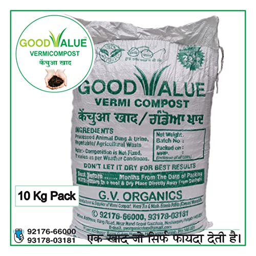 Good Value Vermicompost 'Natural Bio Manure' Balanced & Exceptionally Rich in Nutrients for Any Type of Plants, Trees & Crops - 10 kg (8 kg + 2 kg) pack of 1 5 515rUTXUWOL