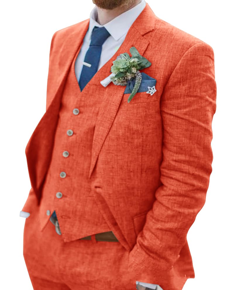 Men's Linen Slim Suit Wedding Casual Summer Beach Groomsmen 3 Piece Tuxedo Prom Suits for Men