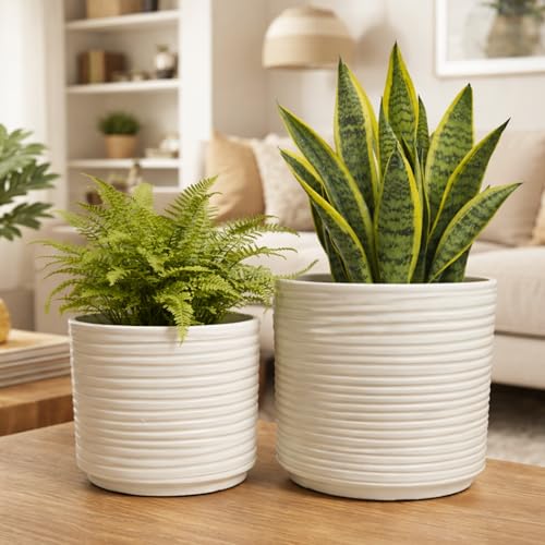 Niyara Modern Textured Stripe Ceramic Planter Pot, Elegant Off White Decorative Plant Holder (Set of 2)