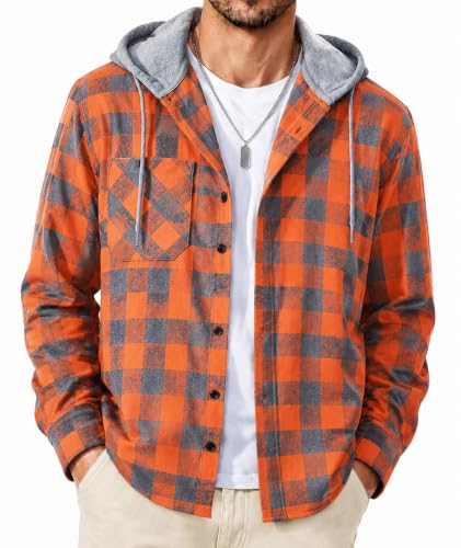 Image of SCODI Mens Flannel Hoodie Shirt Casual Button Down Plaid Long Sleeve Shirts