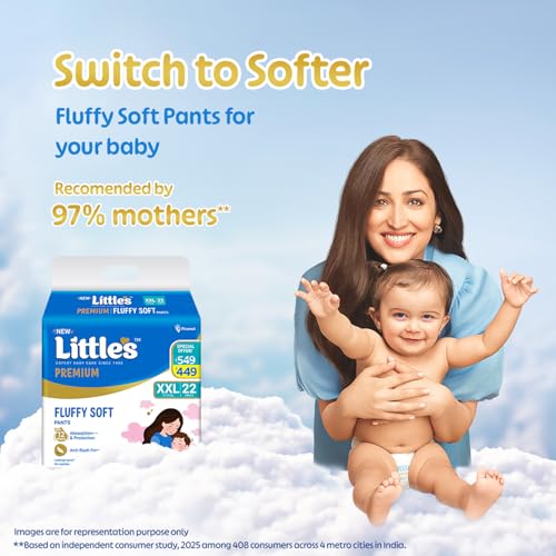 Image of Little's Premium Baby Diapers XXL Size | Pants Style | 15-25 kg | 44 Count | FluffySoft Baby Diaper with Leakage Guard, Wetness Indicator & 12 Hours Absorption | (22 Count, Pack of 8)