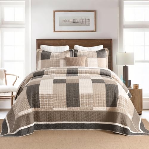Image of 100% Cotton Oversized King Bedspread 120x120, Brown Oatmeal Plaid | Extra-Wide Coverage, Reversible 3-Piece Bedding Set, Fits Thick Mattresses, Lightweight All-Season Comfort, Modern Farmhouse