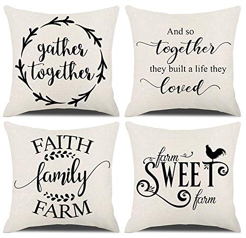 Rustic Farmhouse Quote Pillow Covers Farmhouse Decorative Throw Pillow Case Cushion Cover with Words 18" x 18" Set of 4 Farm Sweet Farm, Faith Family Farm, Gather Together...