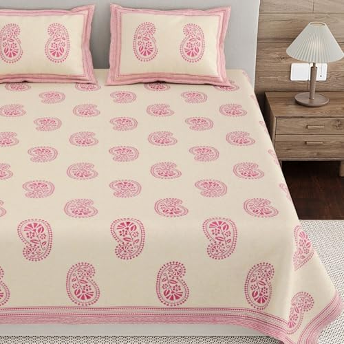 Image of Living Roots Ethnic Jaipur Block Print Double Cotton Bedsheet & 2 Pillow Covers, for Mattress Upto 6 inches Thick, No Colour Bleeding, Pink Colour, King Size 90 * 108 inches, 120TC (602-A)