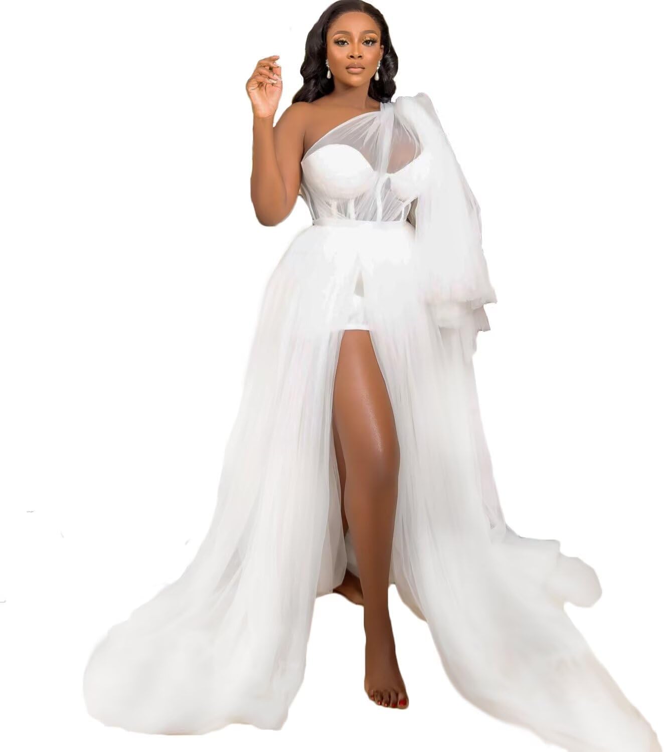 African Wedding Dresses Bride Robe One Shoulder Tulle Bridal Shower Dress