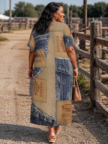 Image of SUZONANA Plus Size Denim Print Maxi Dresses for Women Casual V Neck Short Sleeve with Pockets Soft Jean Look Dress XL-6XL
