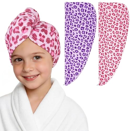BeBeJoJo 2 Pack Microfiber Hair Towel Wrap for Girls Quick Dry Hair Turban for Kids Absorbent Frizz-Free Hair Drying Towel with Button for Long Thick Curly Hair Purple Pink Leopard