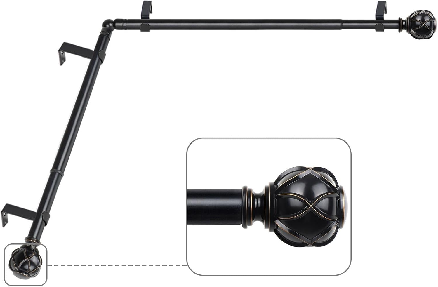 KAMANINA 1 Inch Corner Curtain Rod 36 to 72 Inches (3-6 Feet), Black Curtain Rods for Corner Windows 24 to 68 Inches, Netted Texture Ends 36-72"(2 sided) Black