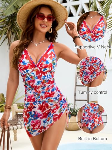 Image of Blooming Jelly Women One Piece Swim Dress Tummy Control Swimsuits Slimming Mesh Sheer Sarong Wraps Bathing Suit