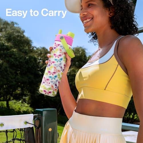 Image of ENCOOL Insulated Water Bottle with Straw Stainless Steel Water Bottle, Leak-Proof, BPA-Free, Double Wall Vacuum Keeps Cold for 24 Hours for Sports, Travel, School (26 oz, Rainbow Butterfly)