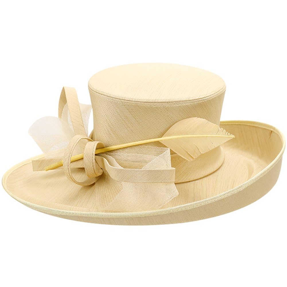 Ppmter Women's Champagne Church Derby Top Hats Tea Party Hat Wide Brim Sun Cap Wedding Formal Fascinator Hat