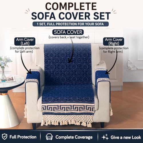 Image of HOKIPO 'Imperial Tassel Series' Premium Chenille Jacquard Sofa Cover Set for 1 Seater for Seat, Back & Arms with Tassels, Royal Blue (IN-1009 + IN-1012-I4*2)