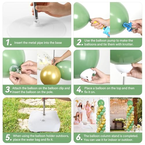 Image of 2 Sets Sage Green Balloon Column Stand Kit with 100 Balloons Spring Graduation Adjustable Balloon Tower Stand with Bases Olive Green Gold Column for Mother's Day Birthday Wedding Party Decor