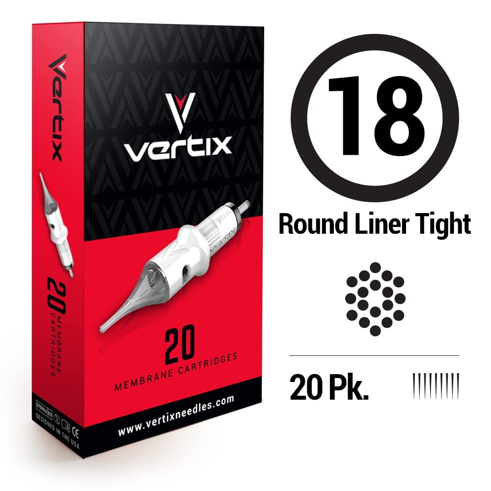 Vertix - 18 Round Liner Tight - Pack of 20 Membrane Tattoo Machine Cartridges - Transparent Detachable Tip, Minimize Tattoo Pen Machine Vibration