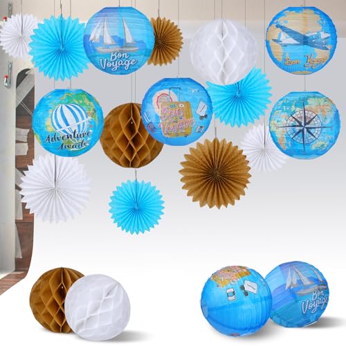 Image of Baquler 18 Pcs Travel Party Party Decoration Around The World Bon Voyage Hanging Paper Lantern Let The Adventure Begin Fans Honeycomb Ball for Birthday Baby Shower Ceiling Decor Supplies