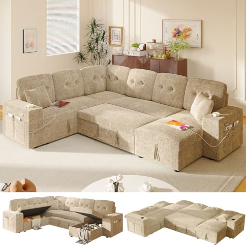 Image of Modular Sectional Sleeper Sofa with Pull Out Bed, 108 Inch U Shaped 7 Seat Couches for Living Room, Chenille Fabric Cloud Couch Bed with Storage & Reclining Backrest, USB Charging, Khaki